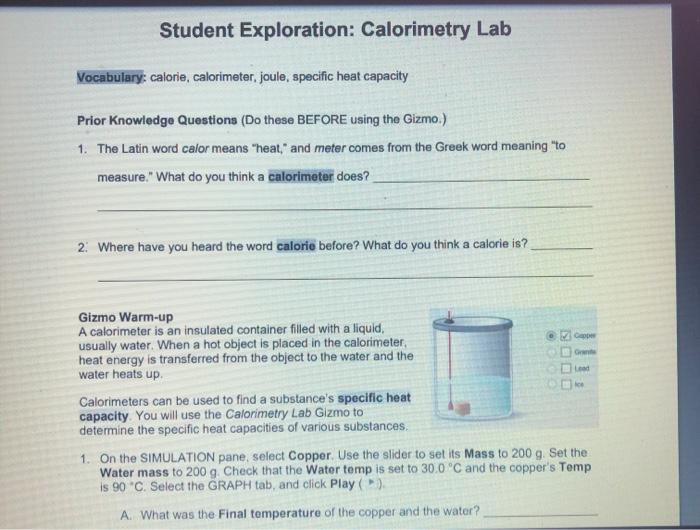 Calorimetry lab gizmo answer key